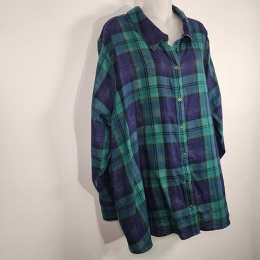 Joan Rivers Womens Cotton Plaid Reversible Boyfriend Shirt 2X Navy Emerald Snap - Picture 7 of 14